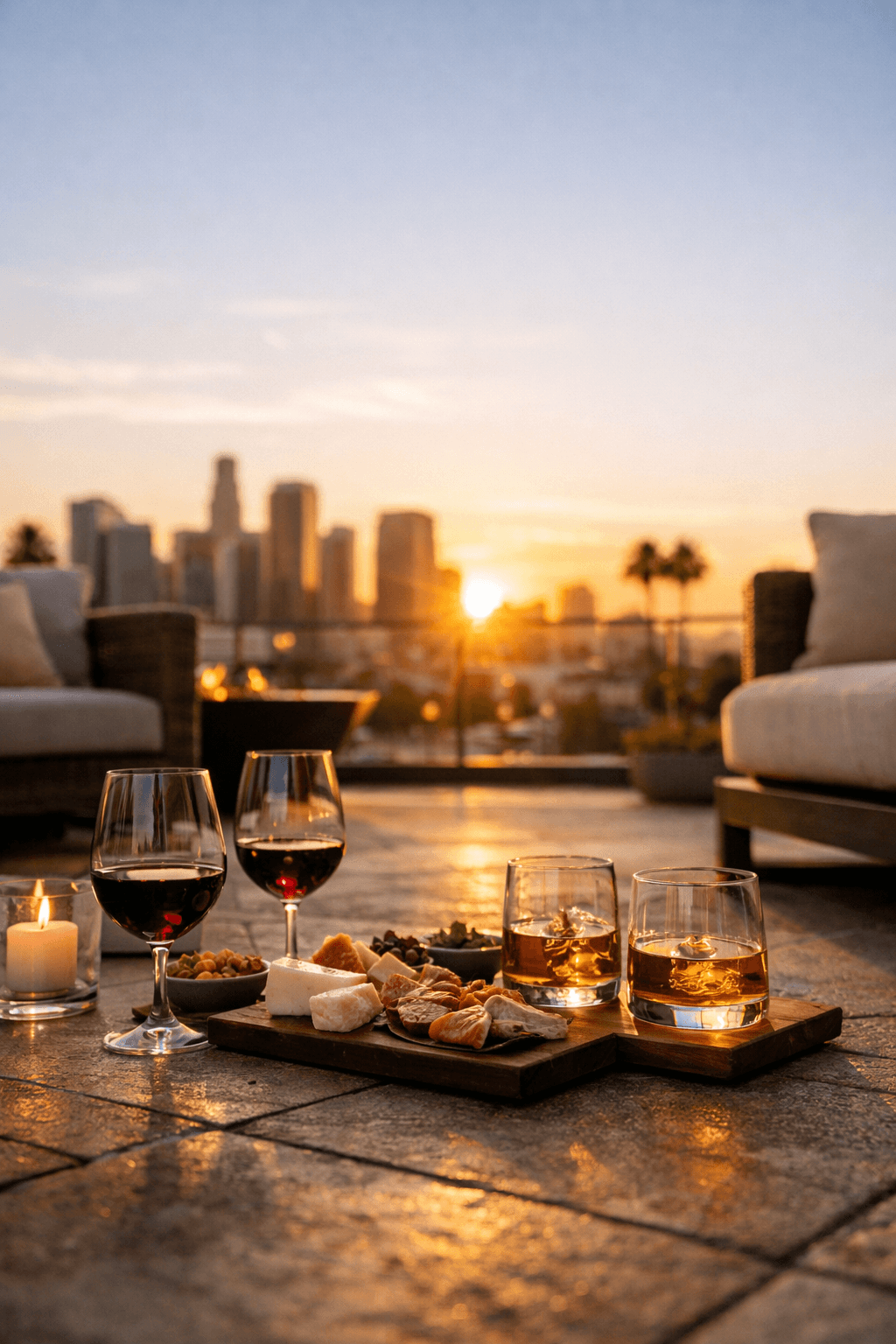 Wine and charcuterie on rooftop