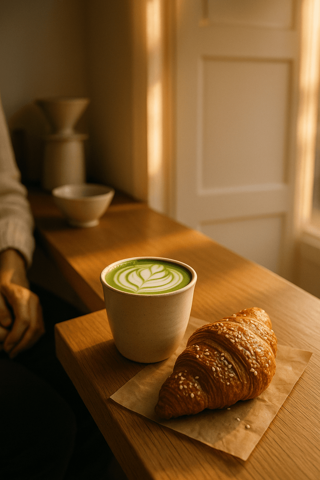 Matcha latte and almond croissant